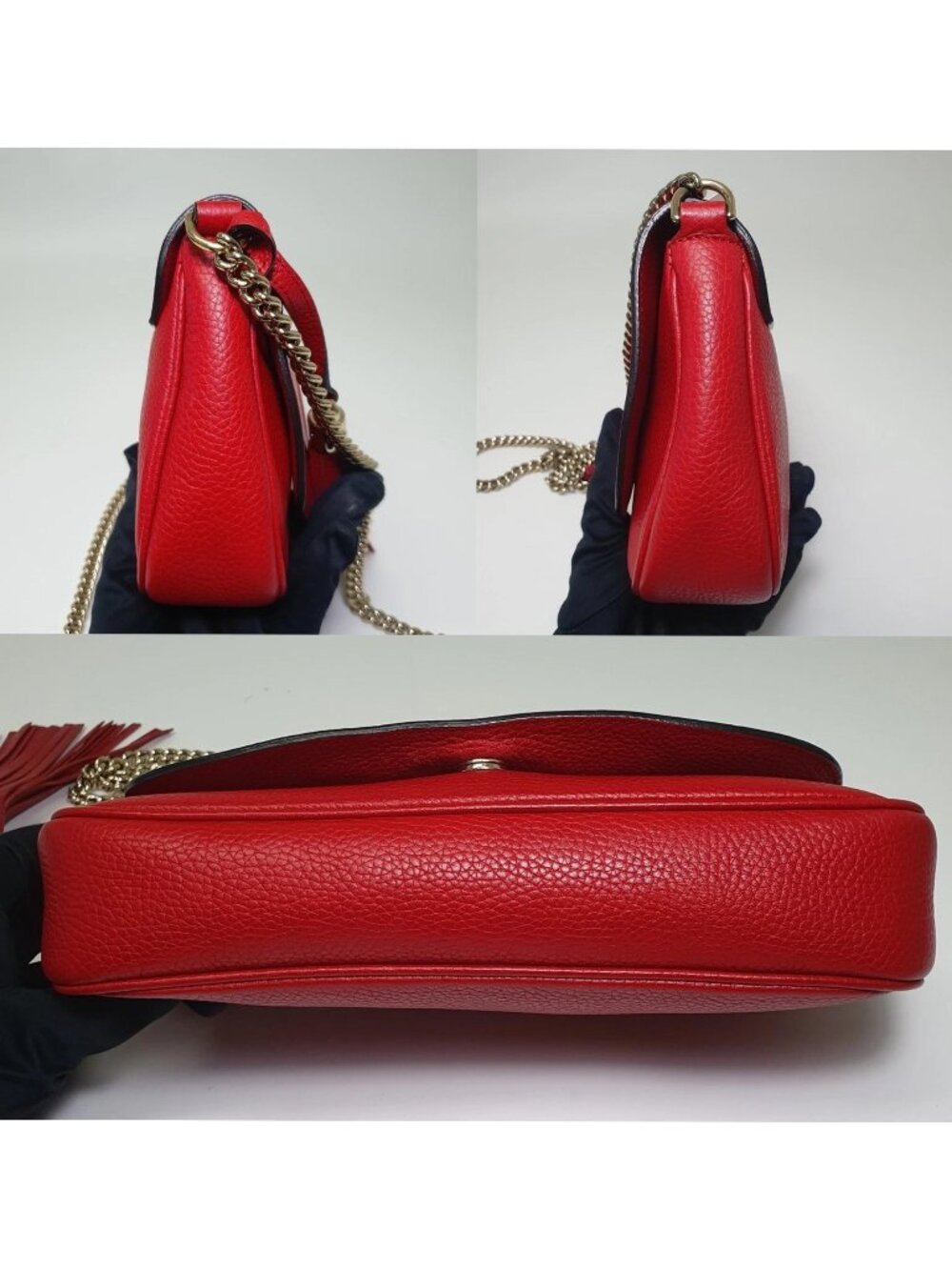 Authentic Gucci Soho Leather Chain Flap Crossbody Red | GG Logo Shoulder Bag - Picture 4 of 12